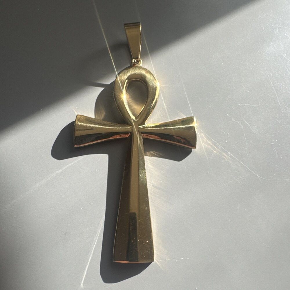 Gold Plated Egyptian Ankh Cross Pendant 24” Chain Unisex Hip Hop Gift Jesus